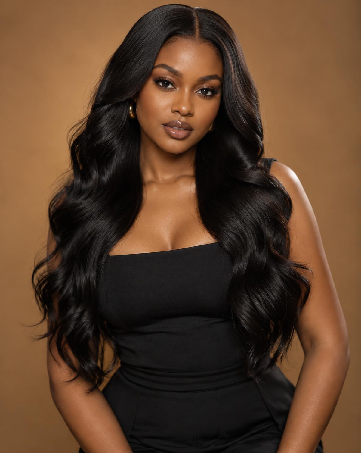 Woman wearing a long body-wave wig