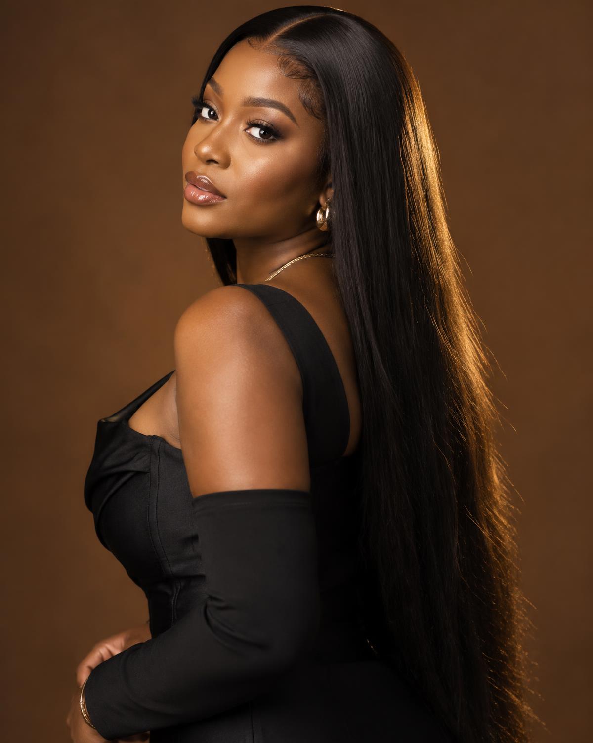 Woman wearing a long straight wig